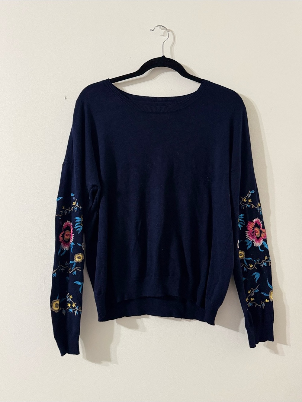 Navy Crewneck Sweater with Embroidered Floral Sleeves